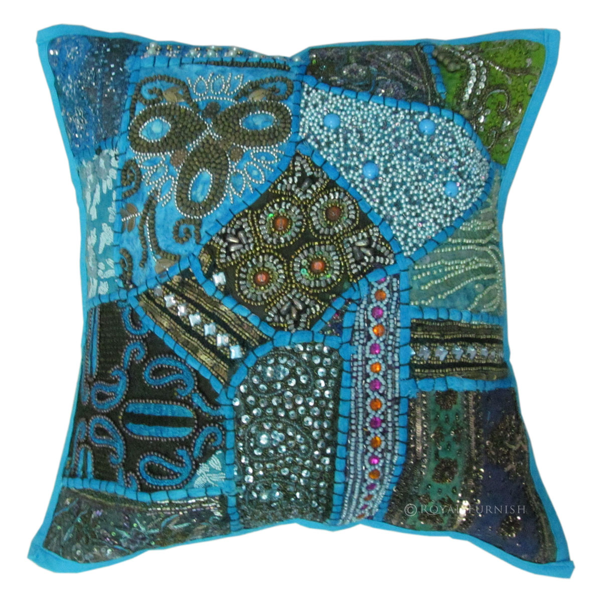 16" Inch Blue Intricate Heavy Beads Work Indian Throw Pillow