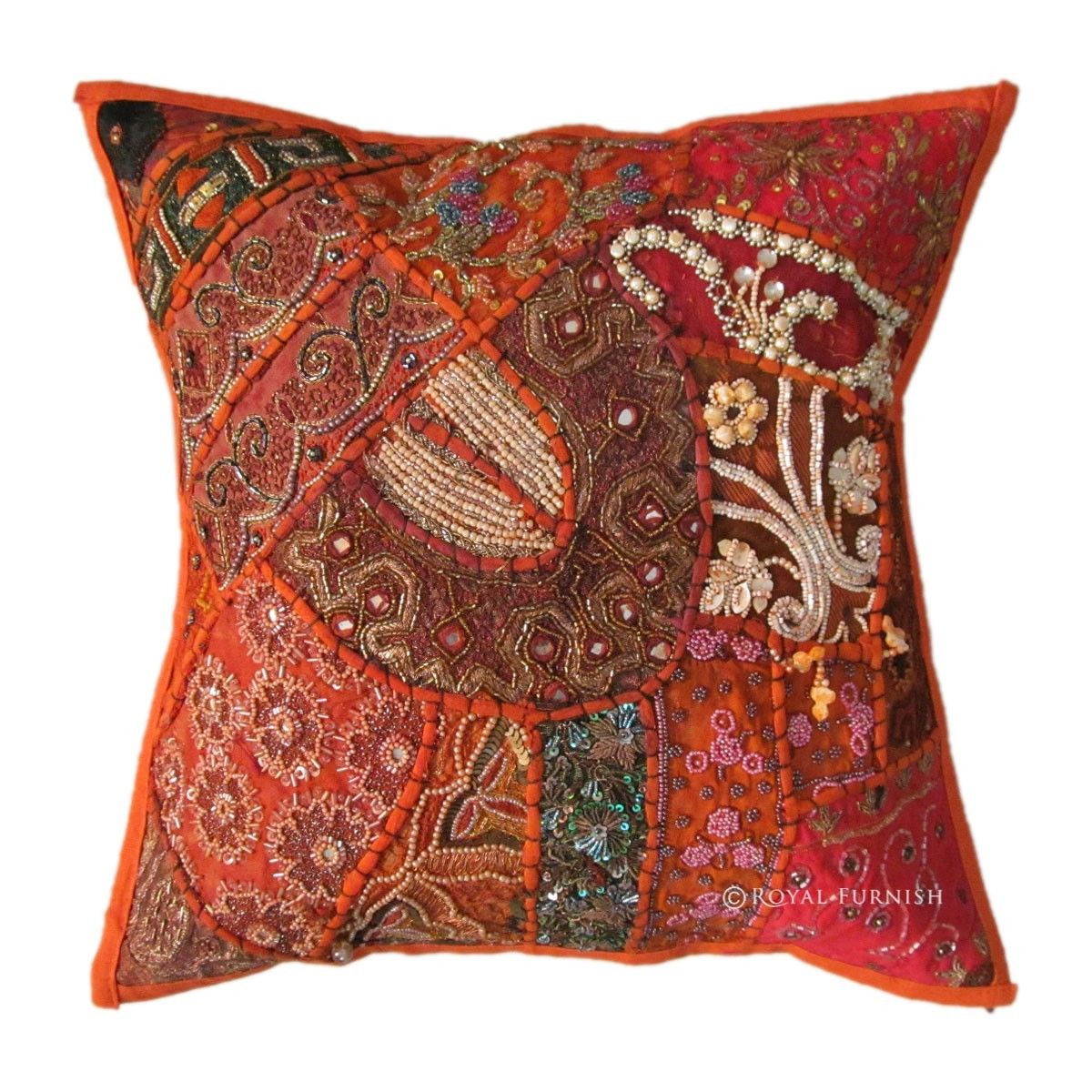 Green Bohemian Vintage Patchwork Heavy Beaded Cushion Cover