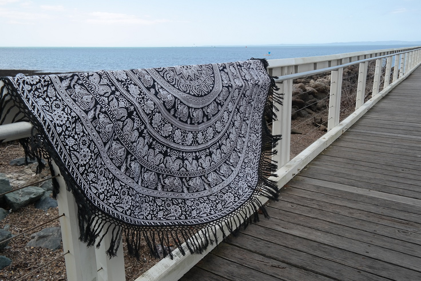 Elephant Black and White Mandala Fringed Roundie, Beach Round Towel Round  Tablecloth
