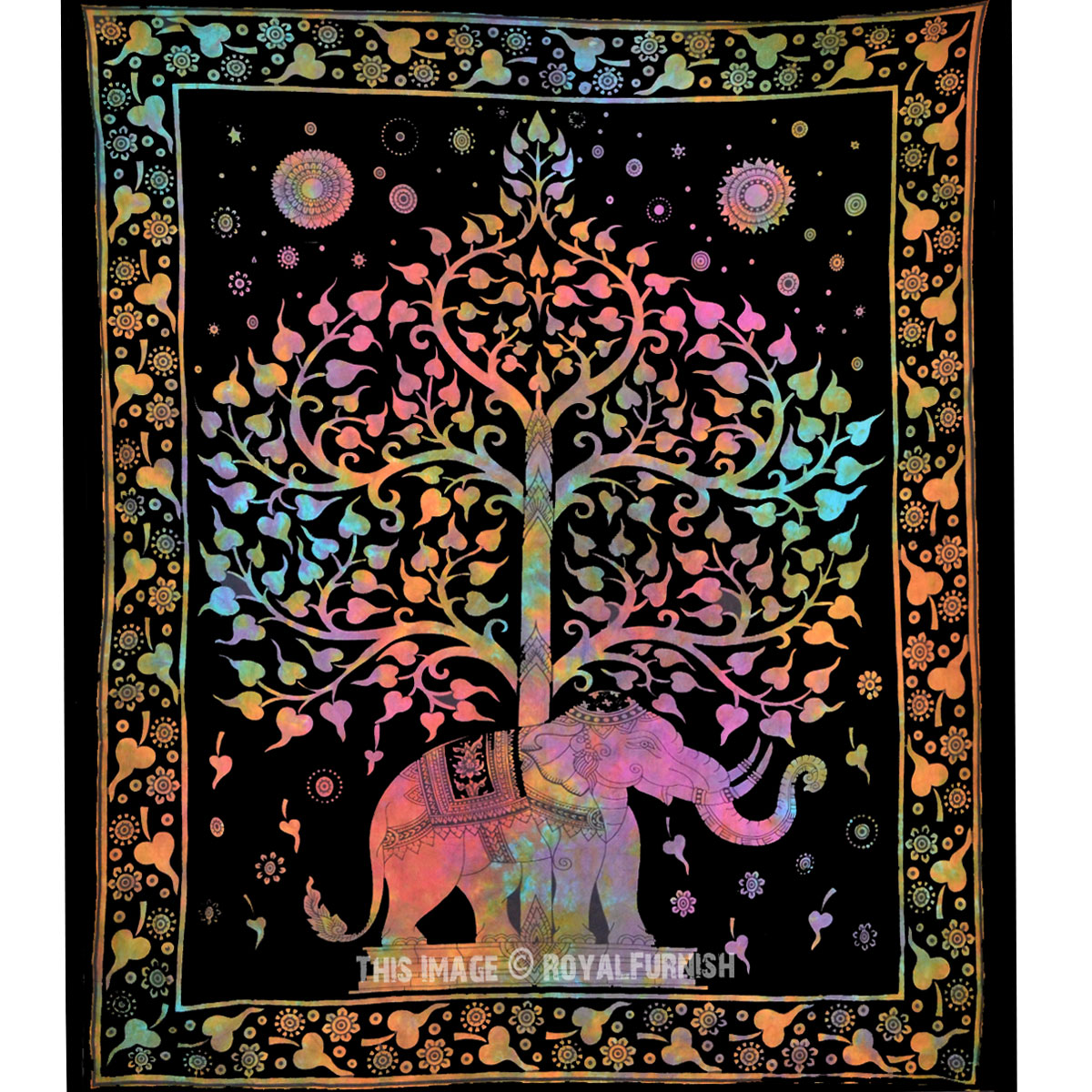 Black Elephant Tree Tie Dye Tapestry, Tie Dye Bed Sheet Throw