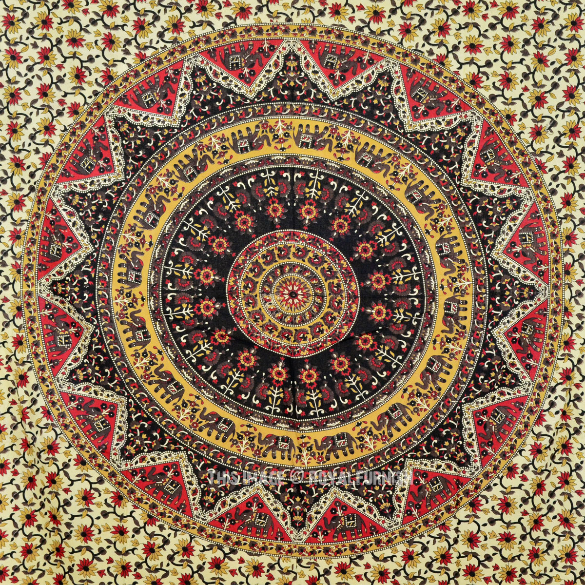 Beige And Red Kerala Star Mandala Wall Tapestry RoyalFurnish