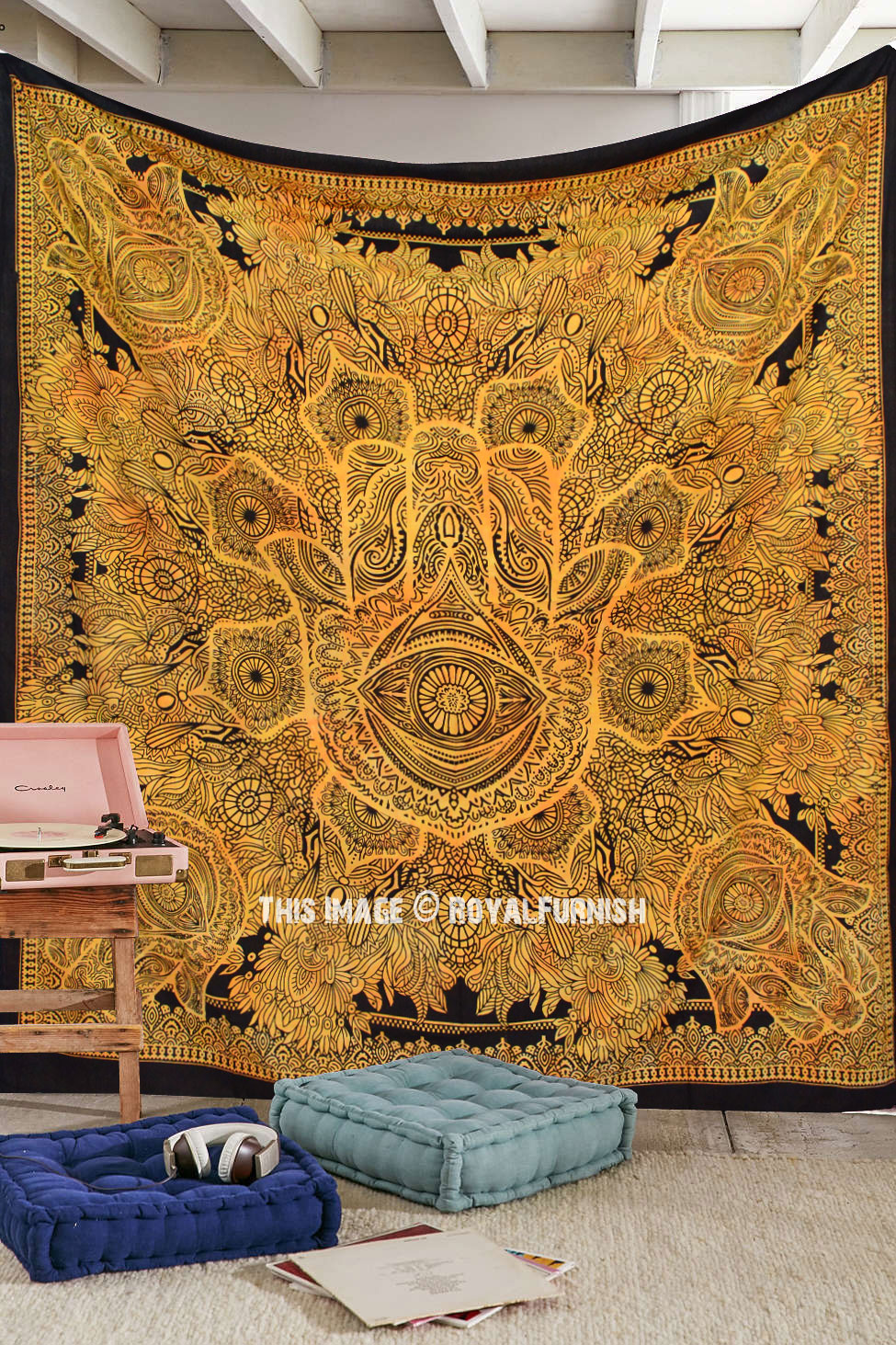 Yellow Large Sketched Boho Hand Hamsa Tapestry Wall Hanging 