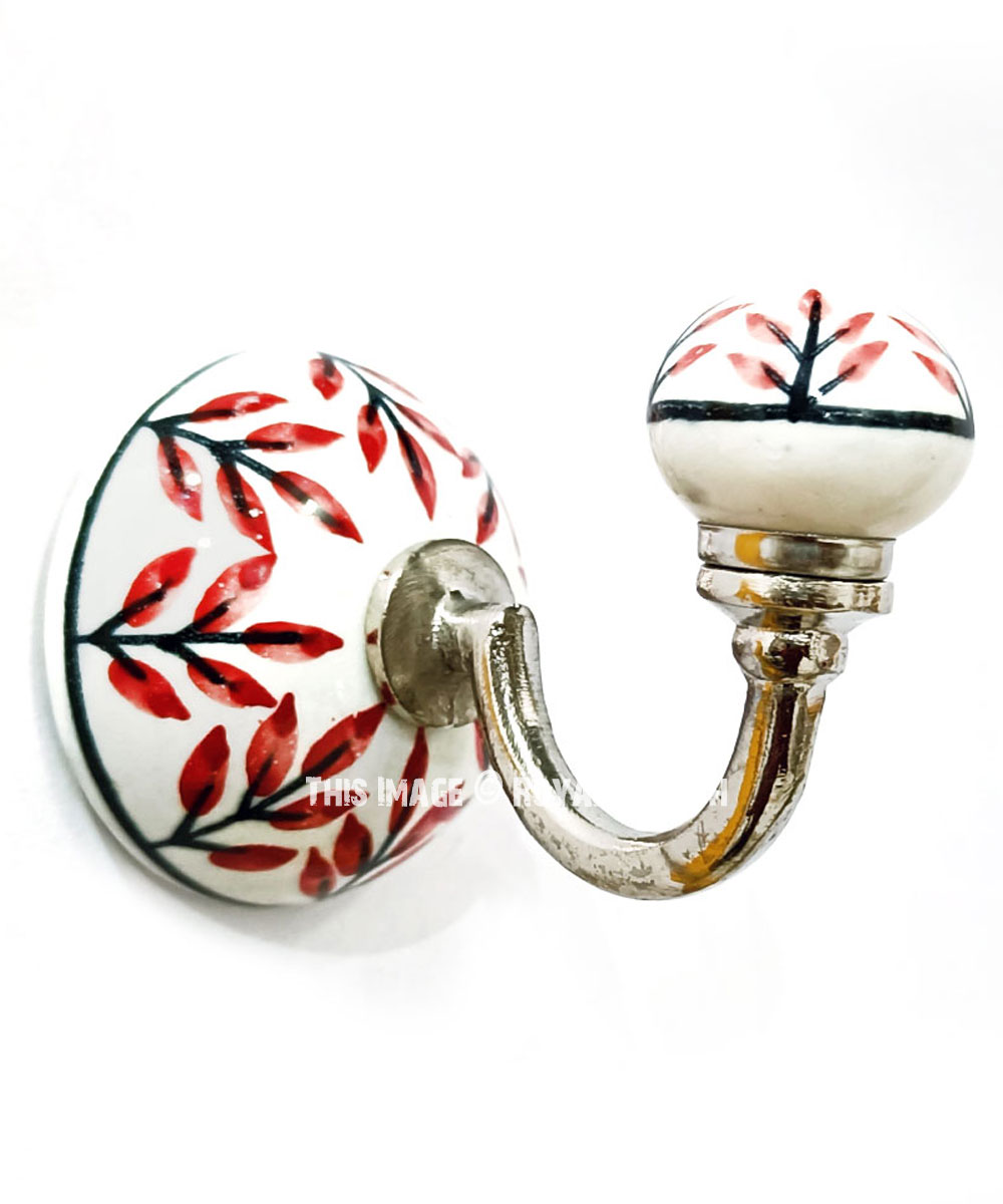 White Red Floral Leaf Branch Vintage Hand Painted Porcelain Ceramic Wall  Hook Towel Hook 