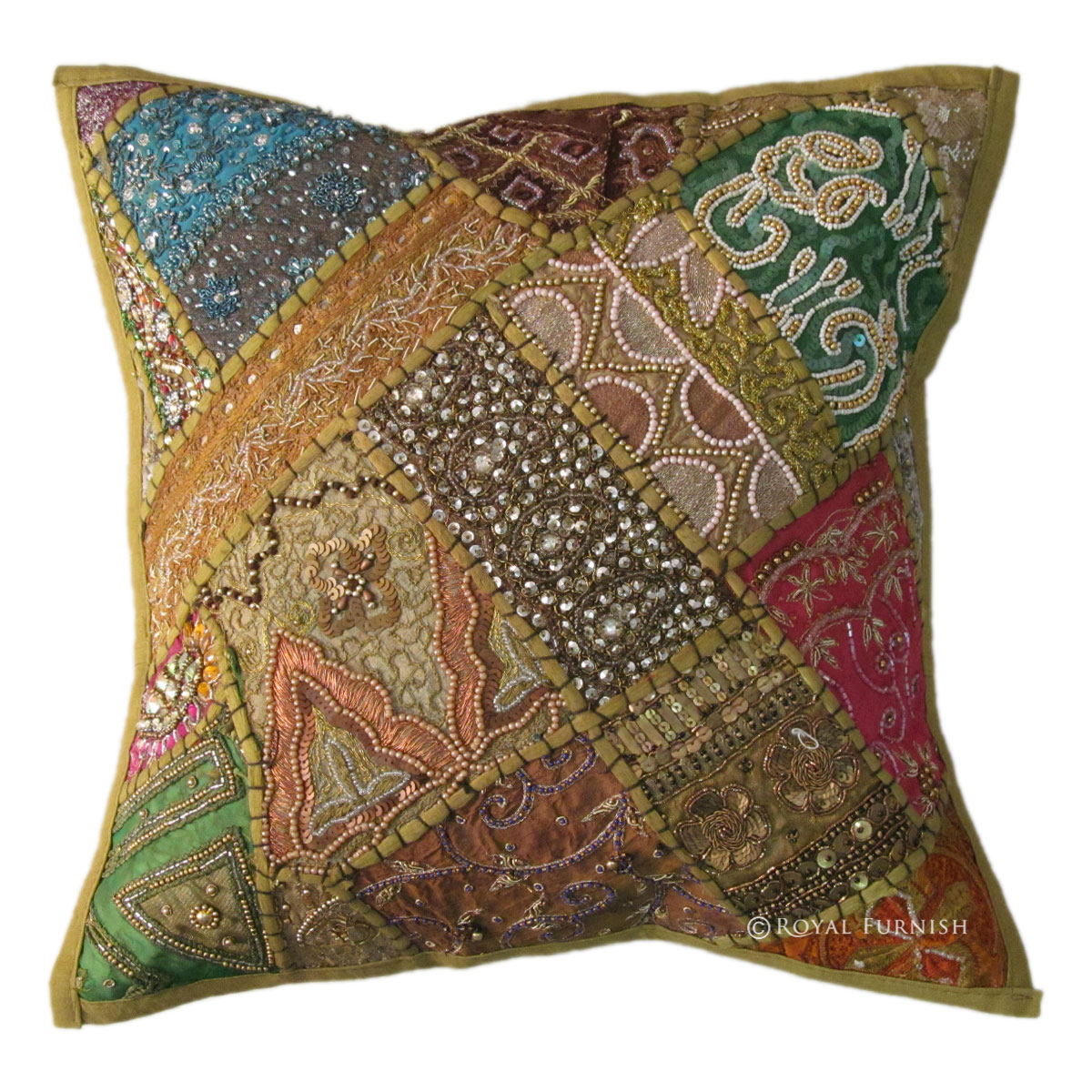 Green Unique Beaded Patchwork & Embroidered Accent Throw Pillow Cover ...