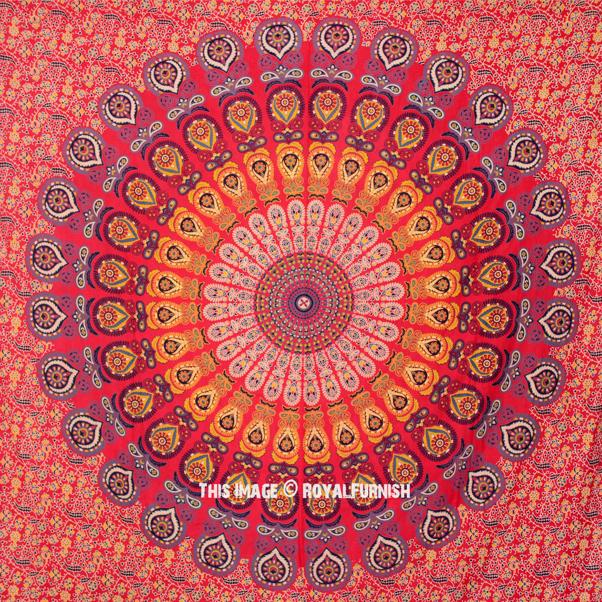 Bright Mandala Floral Tapestry Hippie Red Psychedelic Bedspread