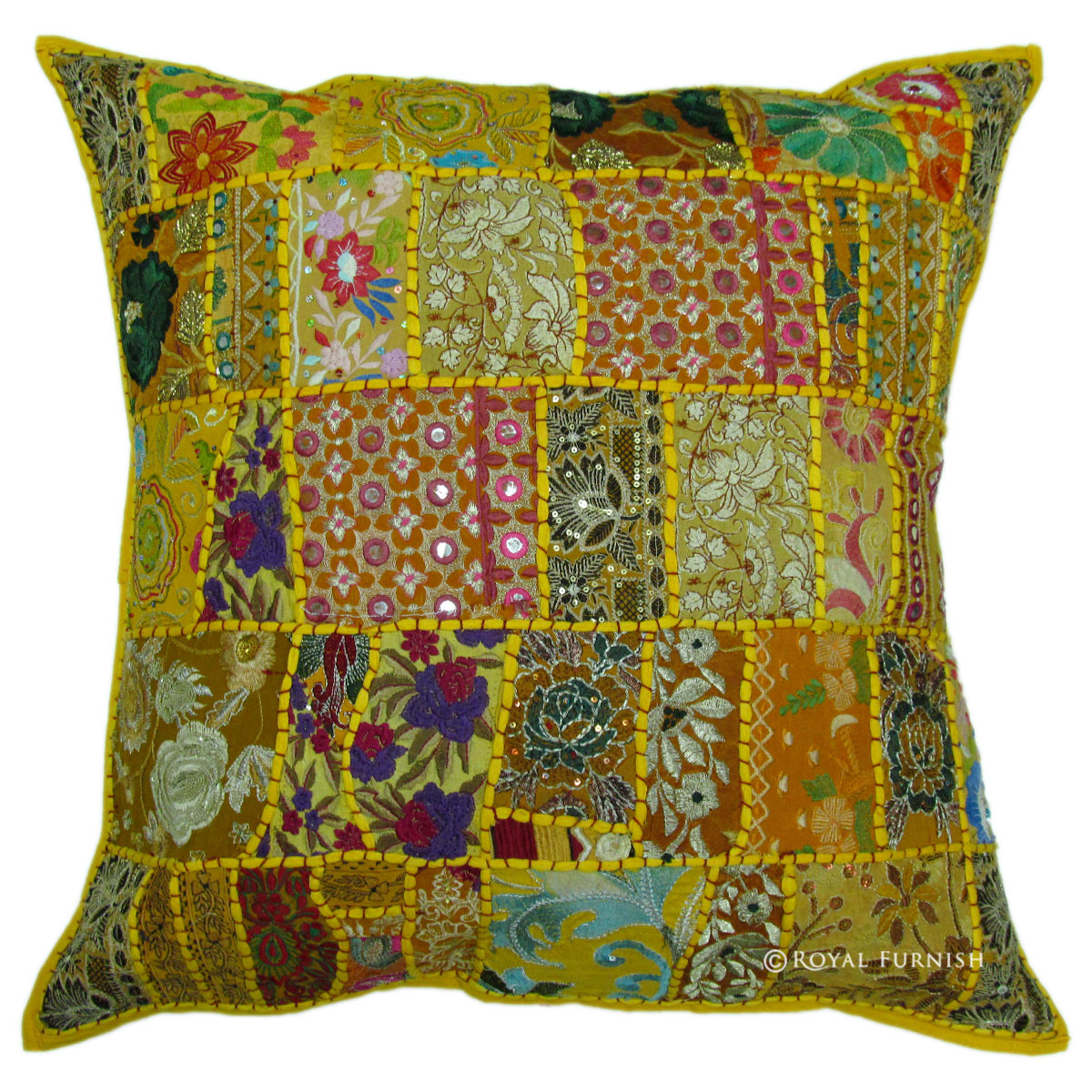 24 Inch Indian Patchwork Embroidered Floor Pillow - RoyalFurnish.com