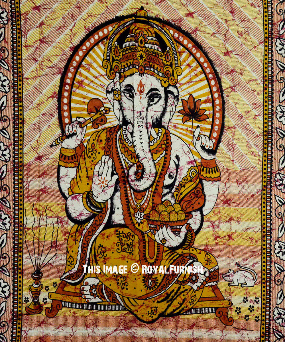 Yellow Small Batik Ganesha Tapestry Wall Hanging - RoyalFurnish.com