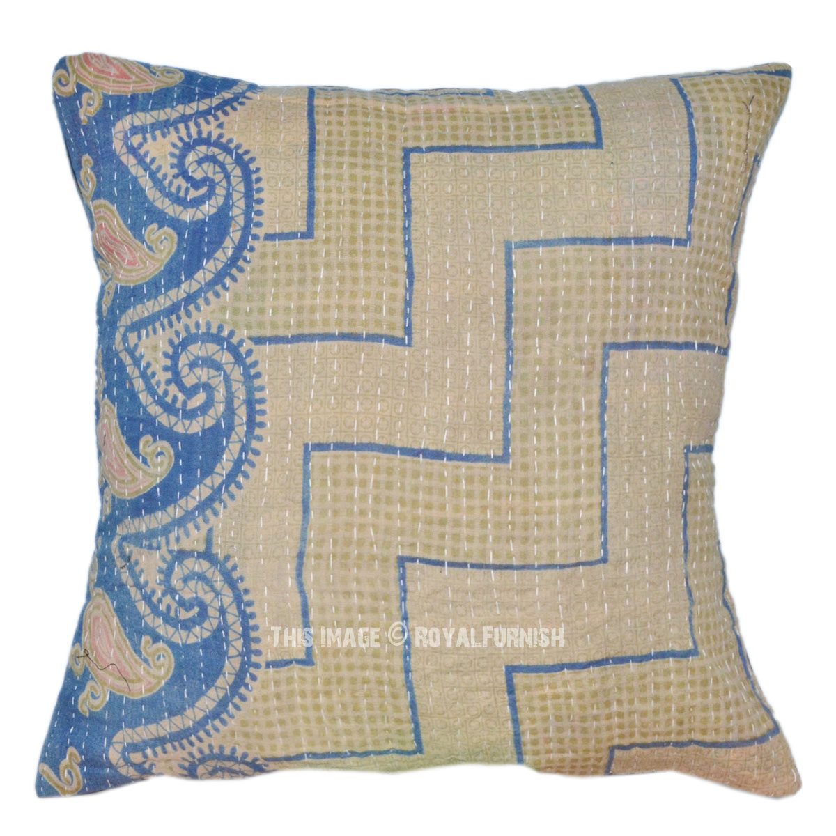 40x40 cm Multicolor Vintage Kantha Throw Pillow Cover - RoyalFurnish.com