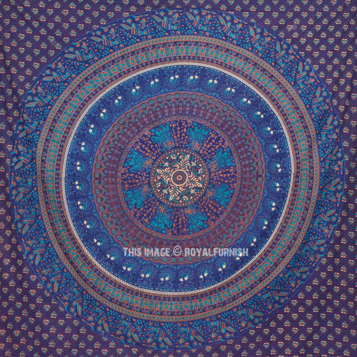 Blue Psychedelic Floral Elephant Medallion Mandala Wall Tapestry ...