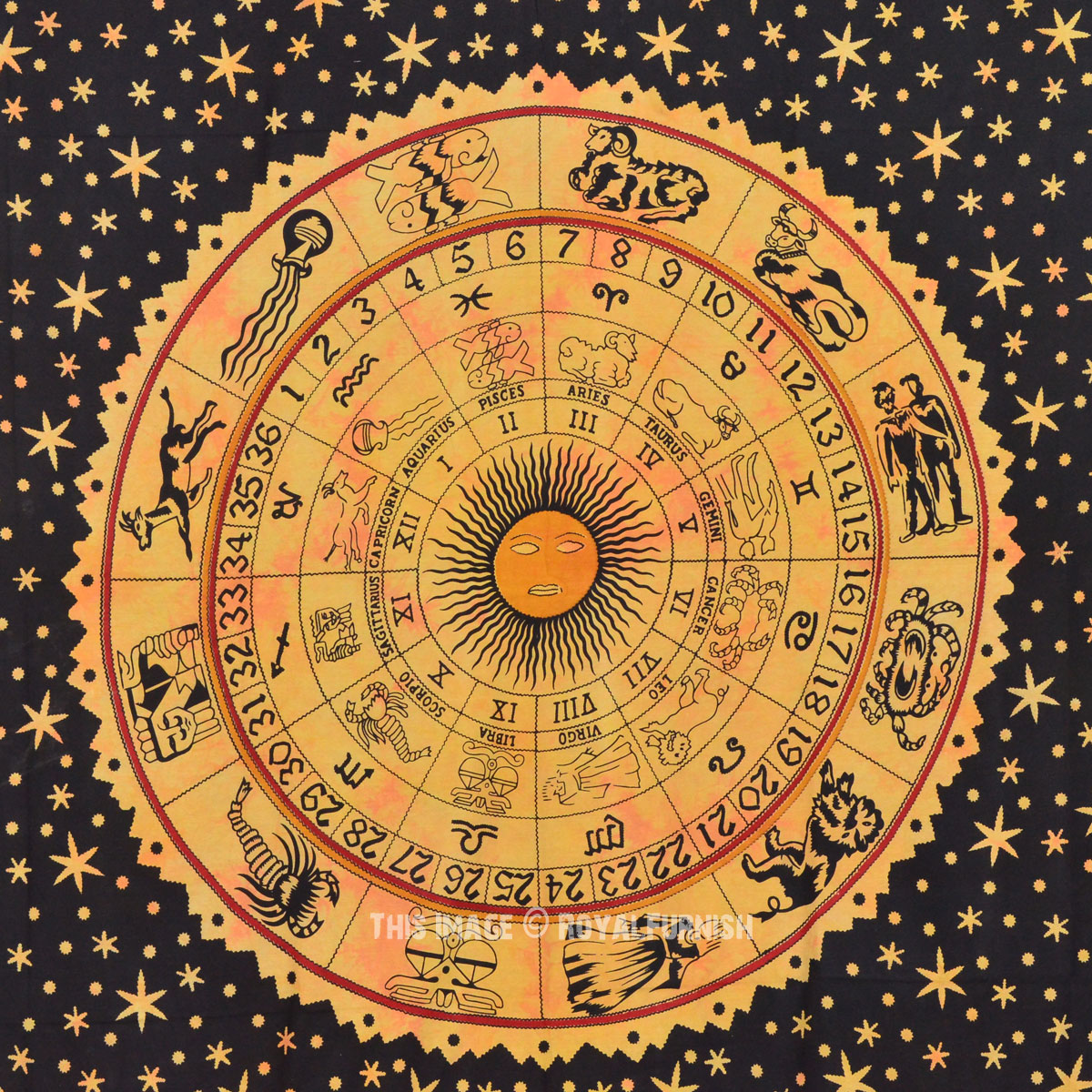 Large Yellow Zodiac Tapestry, Queen Horoscope Astrology Wall Hanging Bedspread - RoyalFurnish.com