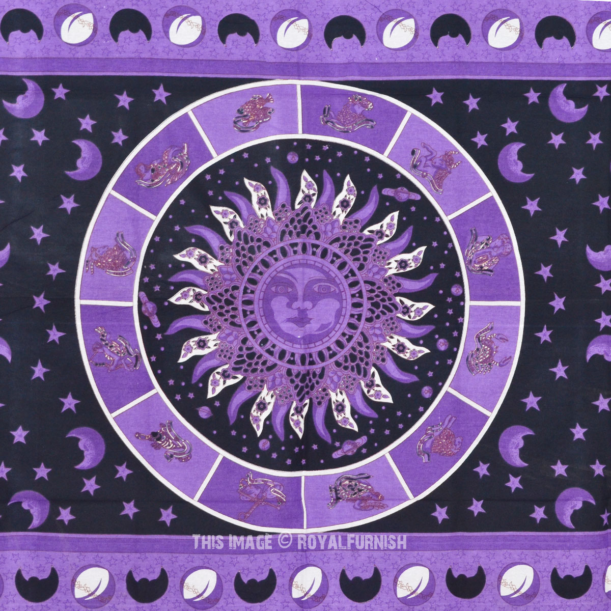 Purple Celestial Psychedelic Zodiac Sun Tapestry Wall Hanging 3672