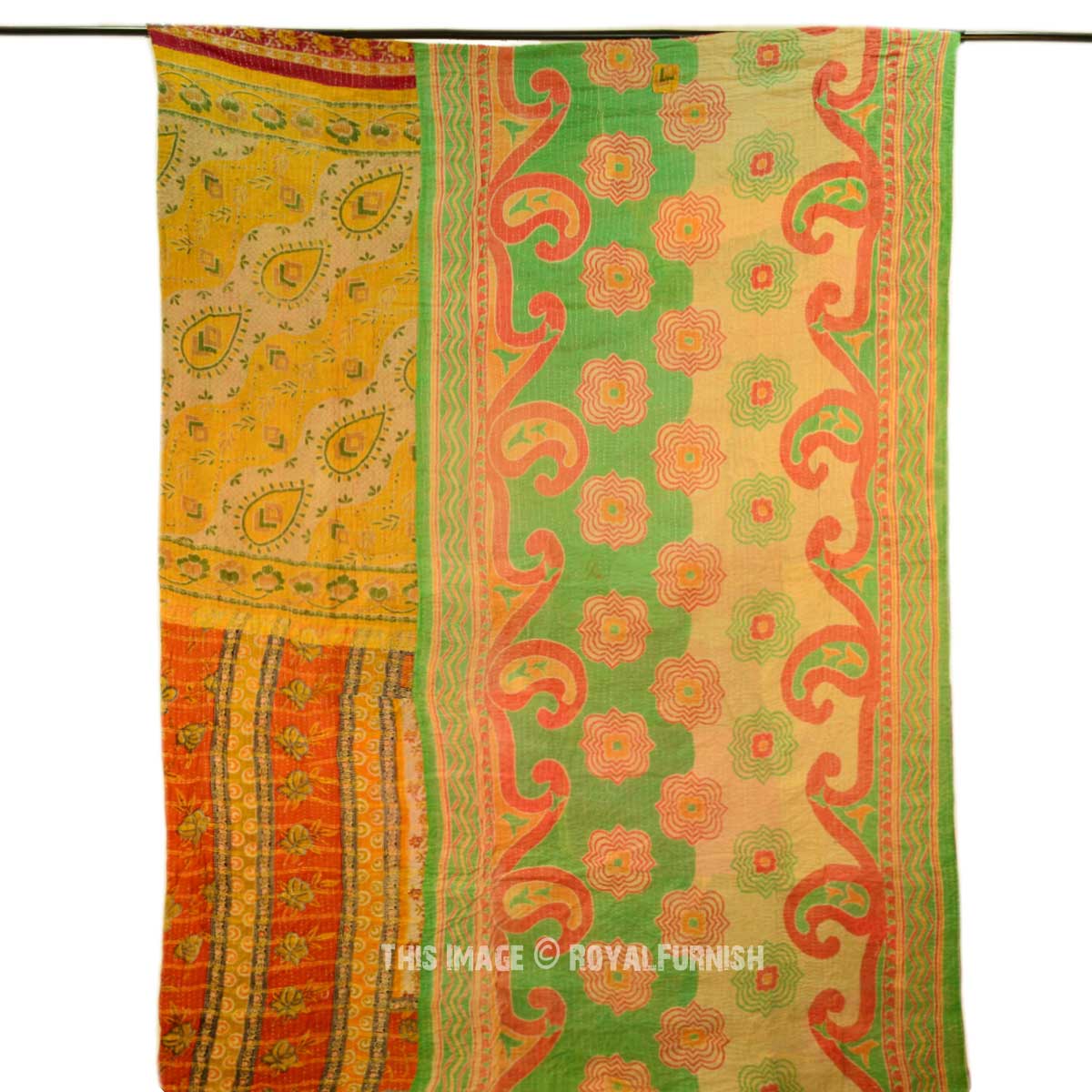 Orange Multi Sari Patchwork Kantha Quilted Throw - RoyalFurnish.com