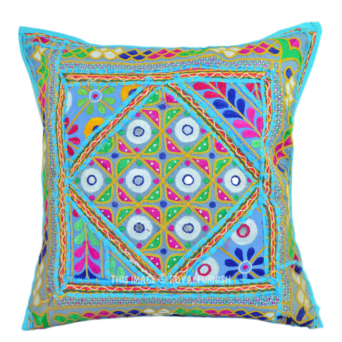 Turquoise Blue 16X16 Cotton Hand Embroidered Tribal Pillow Cover ...