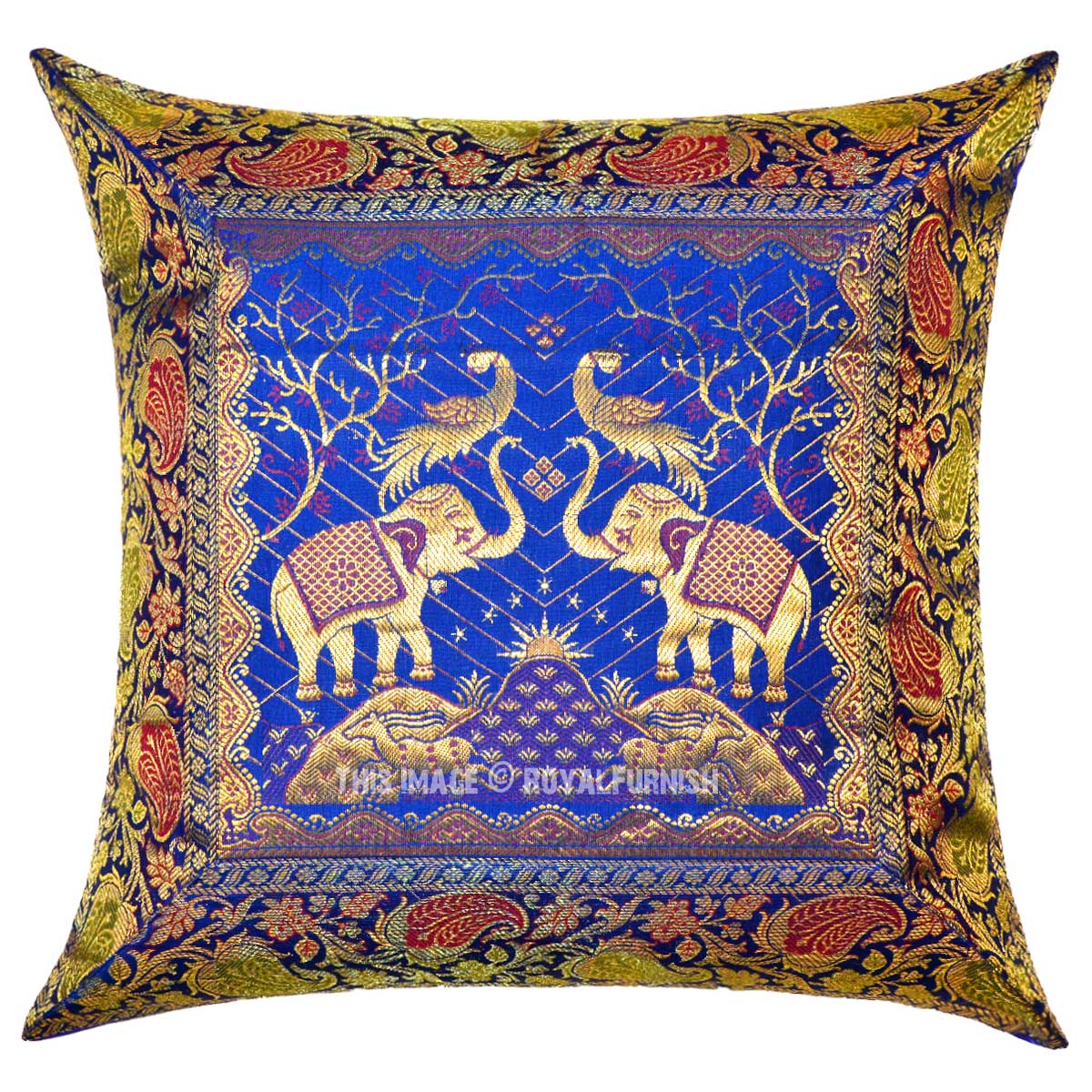 Blue Two Elephants and Birds Featuring Decorative Silk Throw Pillow ...