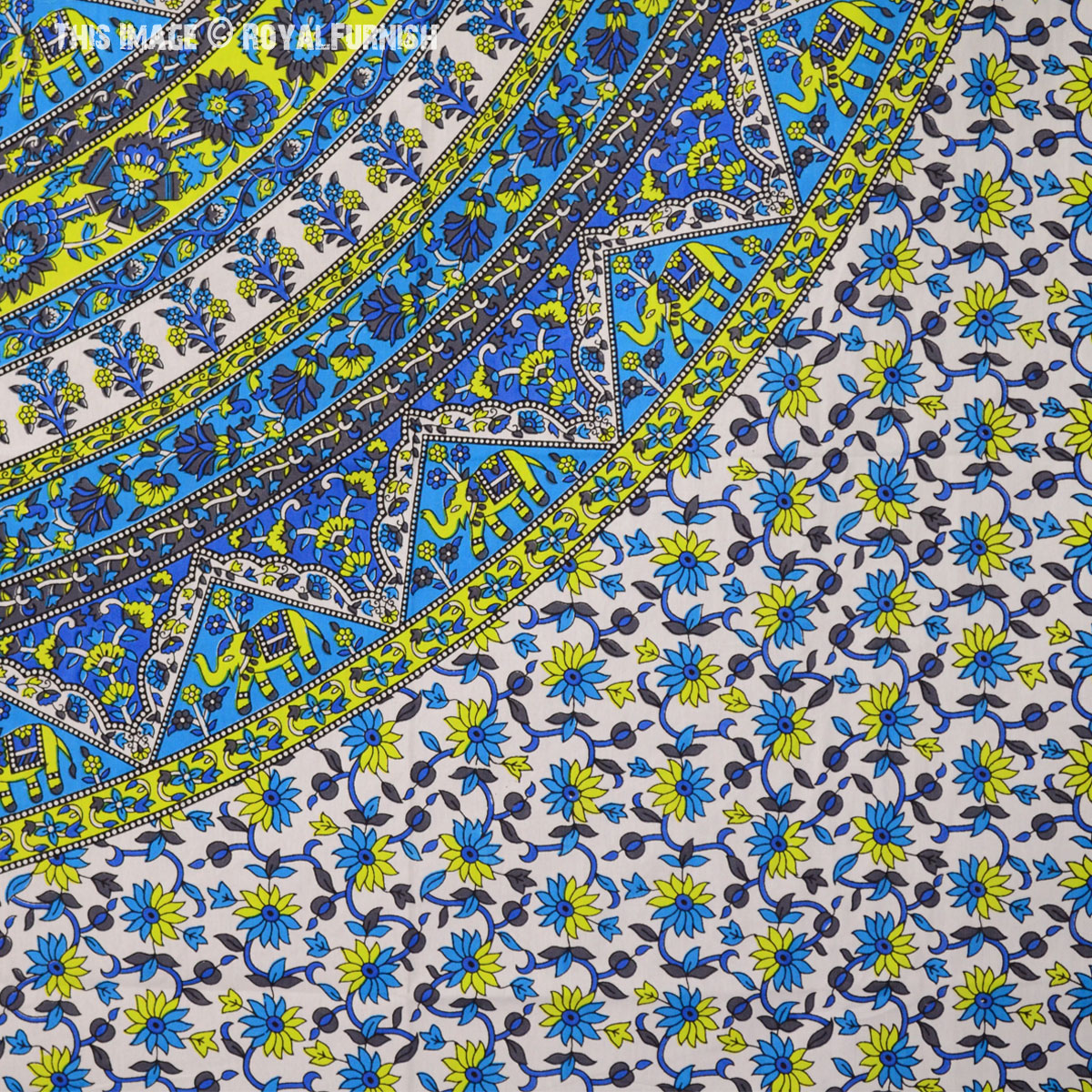 Blue & Yellow Elephants Bohemian Mandala Wall Tapestry - RoyalFurnish.com