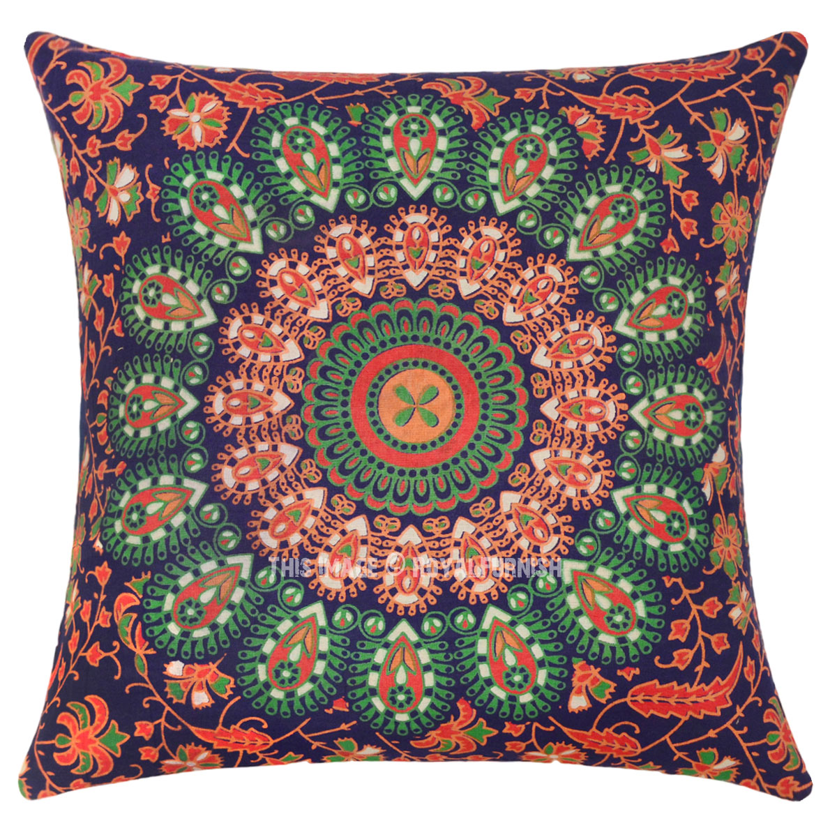 Blue & Orange Decorative Mandala Throw Pillow Cover - RoyalFurnish.com