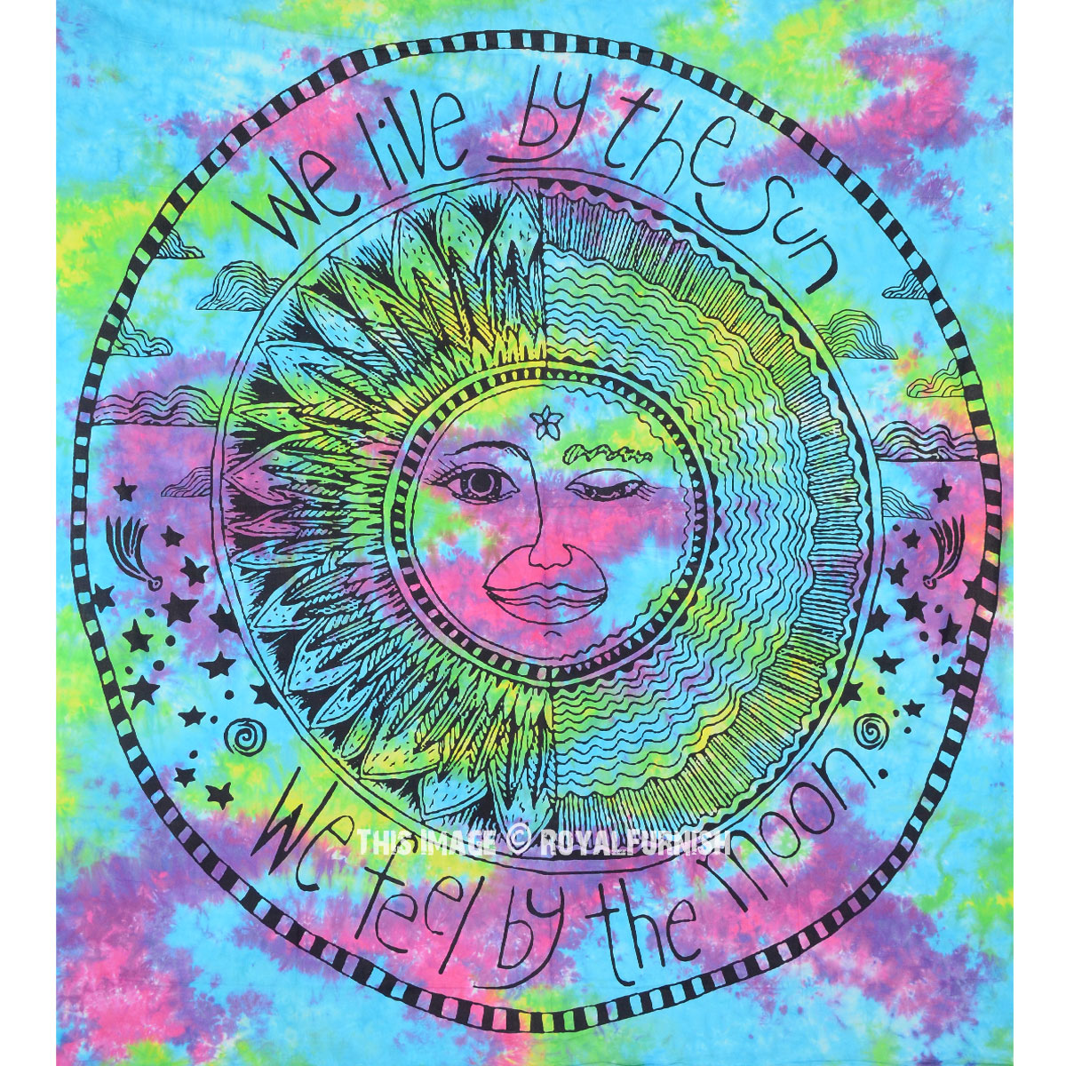 Turquoise Multi Tie Dye Colorful Sun Moon Yoga Tapestry - RoyalFurnish.com