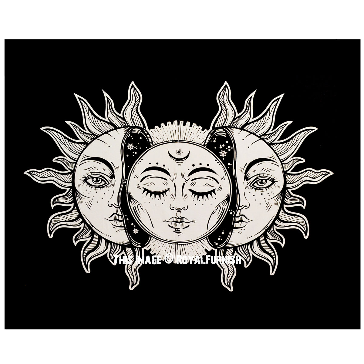 Black Burning Sun and Moon Tapestry Psychedelic Mystic Wall Tapestry ...
