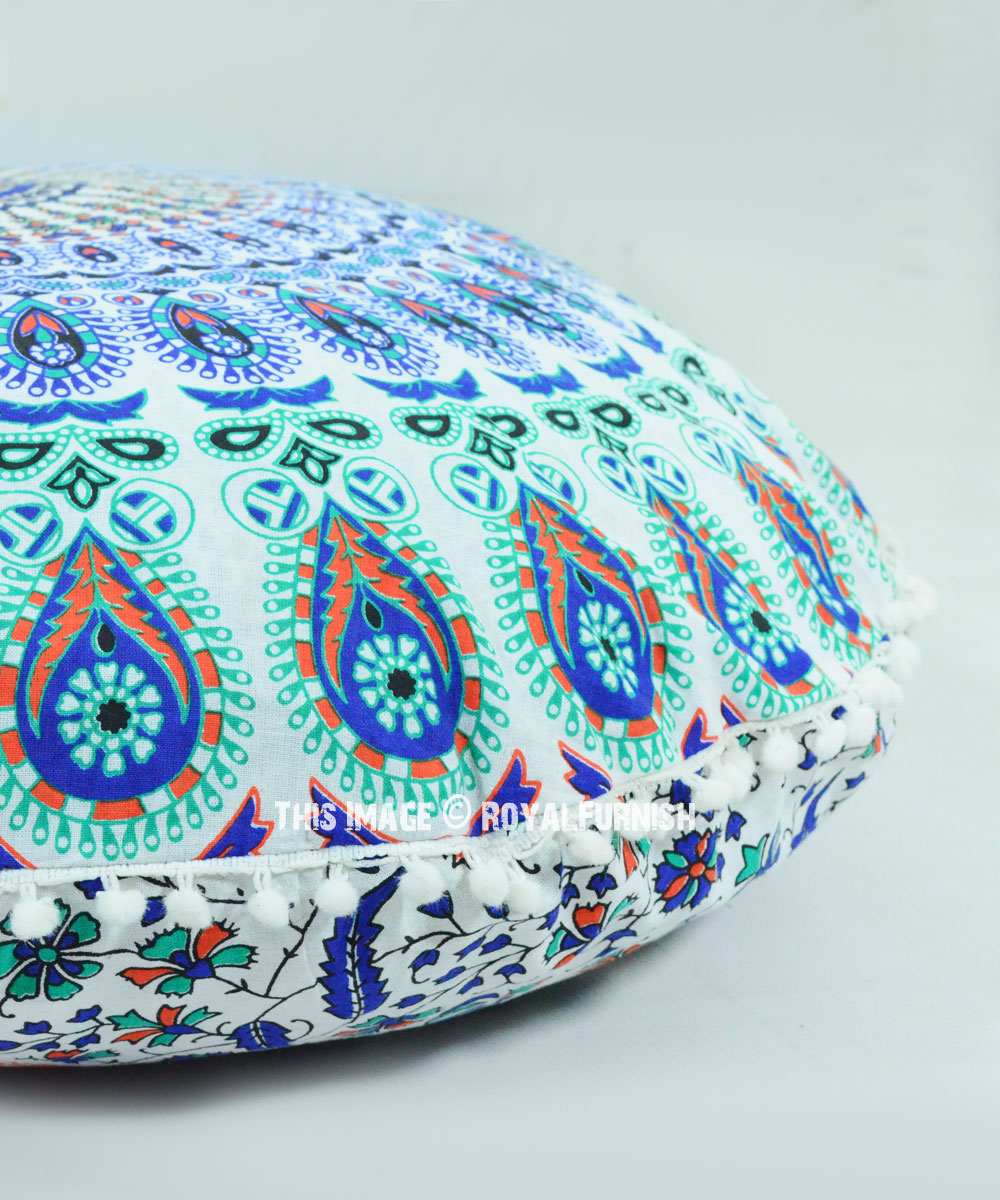 32 Inch White & Blue Peaock Round Floor Pillow Cover - RoyalFurnish.com
