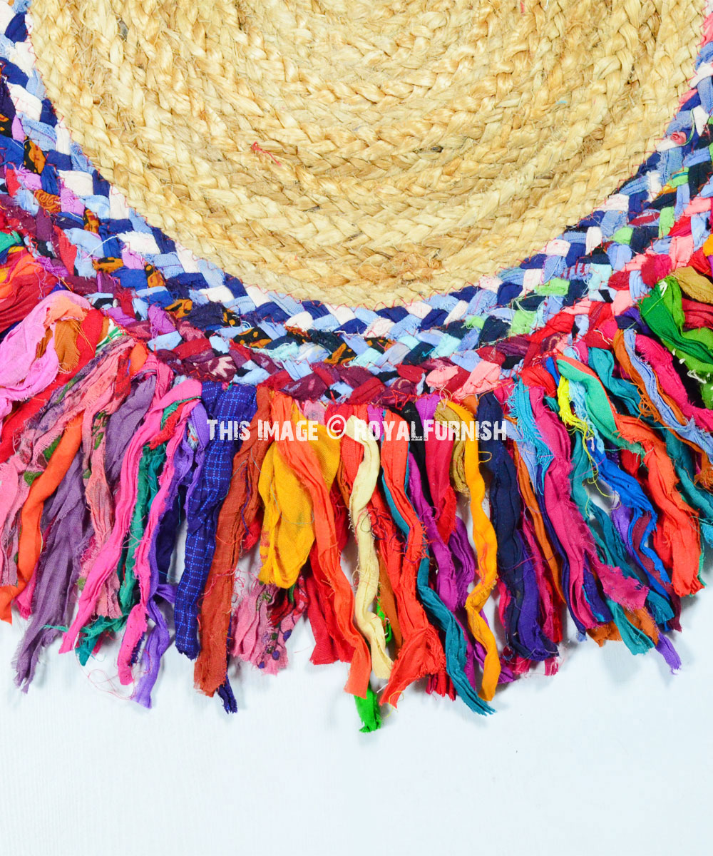 2 Feet Indian Braided Colorful Jute Chindi Fringed Rug