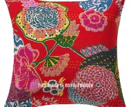 Red Multi Decorative and Boho Accent Tropical Cotton Kantha Throw Pillow Cover 24X24