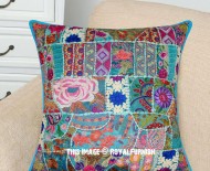 24" Blue Indian Patchwork Embroidered Throw Pillow Cushion Case Sham