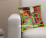 16" Green Patchwork Hand Embroidered Cotton Throw Pillow Case
