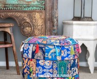 22" Blue Vintage Bohemian Patchwork Round Indian Pouf Ottoman