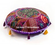 Purple Handmade Patchwork Indian Embroidered Round Floor Pillow