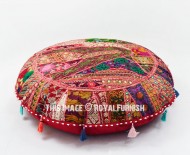 32" Inch Maroon Multi Patchwork Embroidered Round Yoga Floor Cushion Cover 
