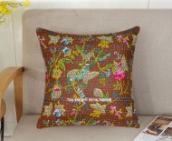 16"X16" Brown Birds Printed Hand Stitched Indian Kantha Throw Pillow Cover