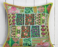 Green One-Of-A-Kind Boho Patchwork Embroidered Pillow Case 18X18