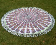 Purple Peacock Feathers Printed Mandala Roundie Beach Towel, Fringed Throw