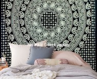 Black and White Elephants Ring Circle Medallion Mandala Wall Tapestry