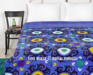 Blue Suzani Floral Printed Cotton Kantha Quilted Blanket Throw