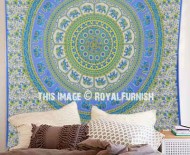 Yellow & Turquoise Elephants Ring Medallion Mandala Tapestry