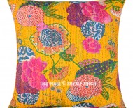 Yellow Decorative Tropical Kantha Square Throw Pillow Cover 24X24 Inch