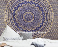 Sparkly Gold and Blue Color Trippy Flower Ombre Medallion Mandala Wall Tapestry