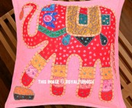 Pink Boho Chic Embroidered Indian Elephant Pillow Cover