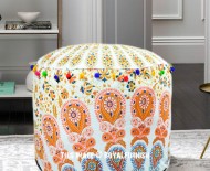 White & Brown Bohemian Peacock Mandala Pouf Ottoman Cover 22X14 Inch