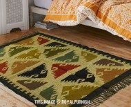 Tan & Beige Vintage Geometric Wool Jute Kilim Southwestern Area Rug 3 X 5 Ft