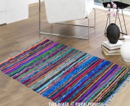 Multicolored Blue Boho Braided Striped Reversible Chindi Area Rag Rug 3X5 Ft