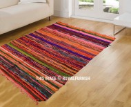 Handmade Red Multicolored Boho Braided Reversible Chindi Area Rug 4X6 Ft