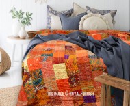Orange Multi One-of-A-Kind Multicolored Boho Kantha Quilt Bedding - Queen Size