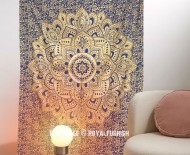 Blue-Gold Geometric Ombre Mandala Tapestry