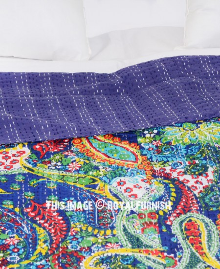Queen Size Blue Multicolor Paisley Kantha Quilt Blanket Bedding ...