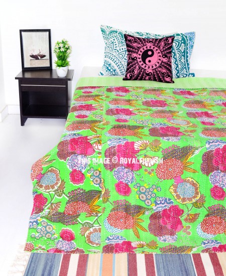 Green Floral Kantha Quilt Blanket - RoyalFurnish.com