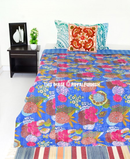 Twin Size Blue Tropicana Flower Printed Cotton Kantha Quilt Blanket ...