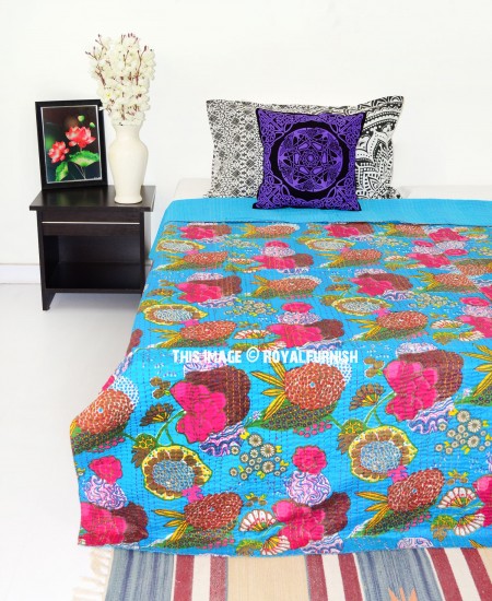 Turquoise Handcrafted Embroidered Kantha Quilted Throw - RoyalFurnish.com