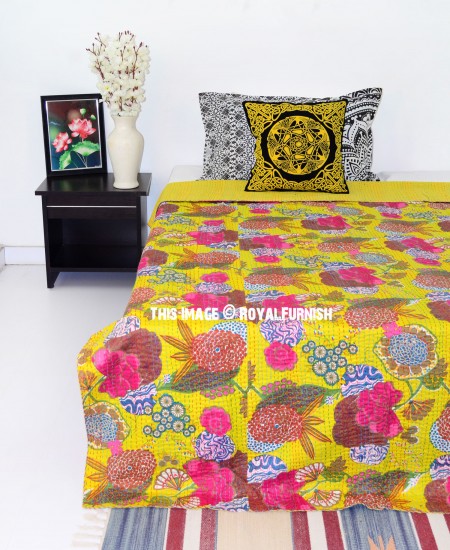 Yellow Tropicana Floral Theme Kantha Quilted Bedding Throw ...